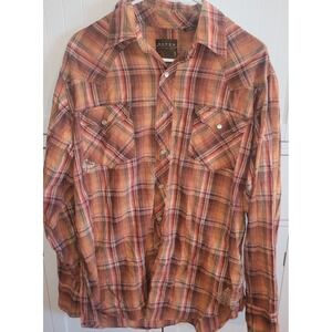 Roper Mens Plaid Western Shirt‎ Long Sleeve Snap Front Brown Orange Cowboy Large